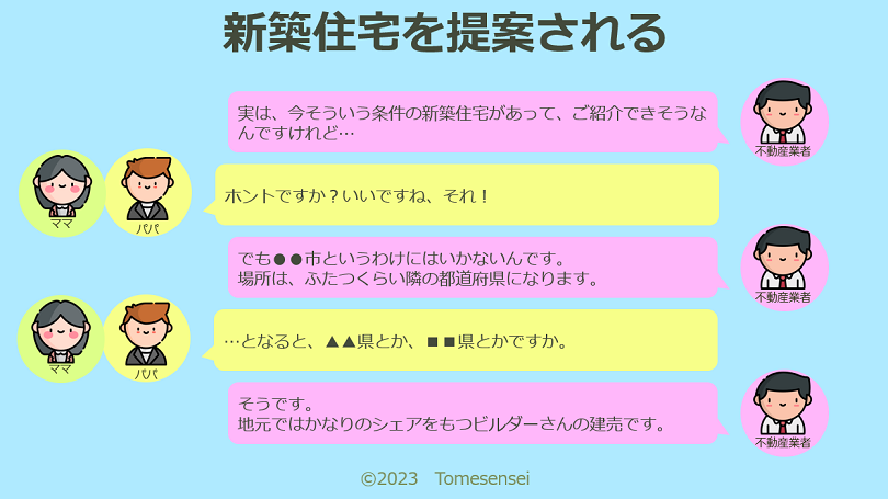 メリットの後は、ネックになりそうな条件を伝えられます。
新築ですが、場所が遠方なのです…。